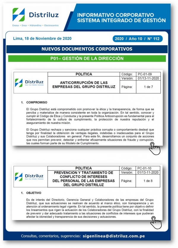 DIRECTORIO DE DISTRILUZ APRUEBA LA POLÍTICA ANTICORRUPCIÓN Y POLÍTICA DE PREVENCIÓN Y TRATAMIENTO DEL CONFLICTO DE INTERESES